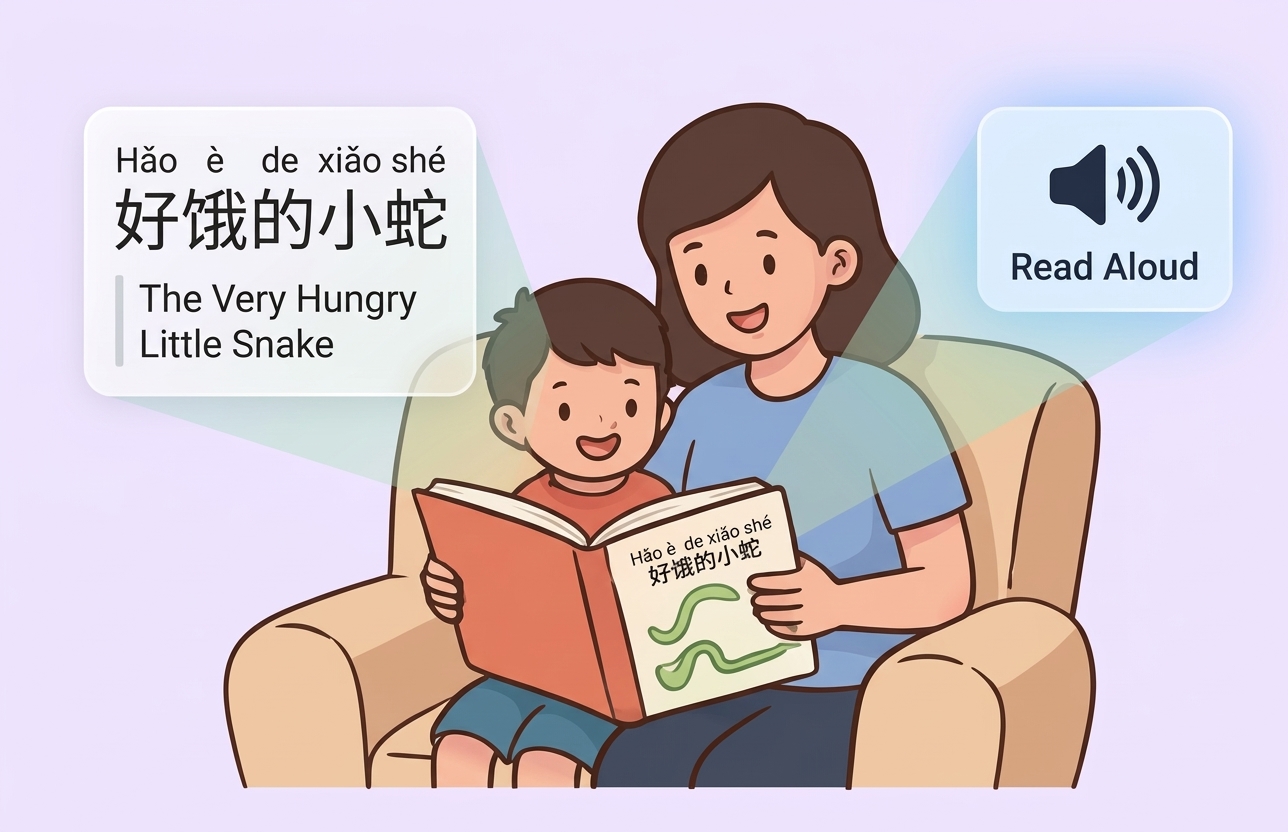 Parent and child reading together with annotated storybook