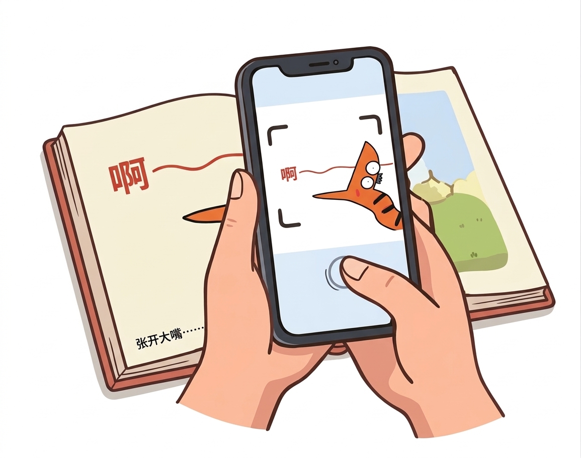 Hands holding a phone, photographing a Chinese storybook page